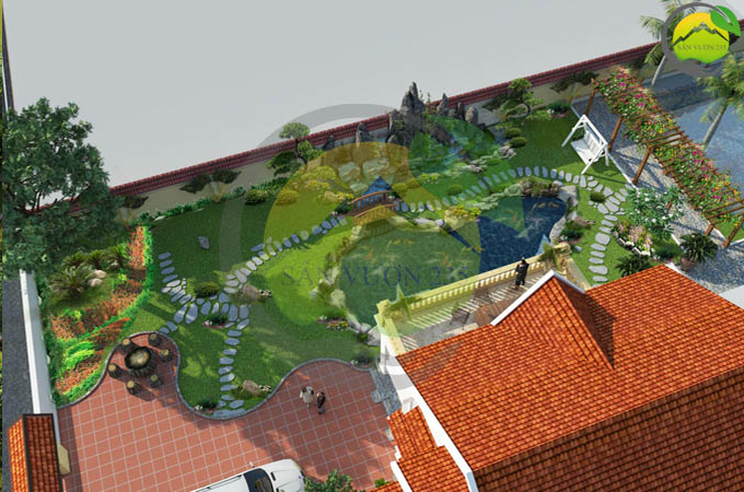 Thiết kế sân vườn biệt thự 2,5 tầng mái thái