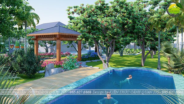 Hồ bơi được thiết kế trong sân vườn tạo không gian vui chơi, giải trí tiện lợi