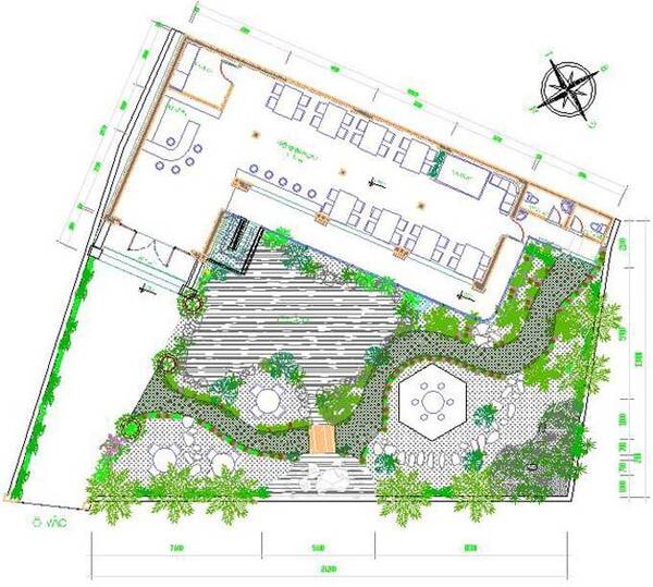 Bản vẽ chi tiết thiết kế quán cà phê có sân vườn xanh mát