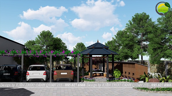 Sân vườn được thiết kế đơn giản, kết hợp làm khu vực để xe ô tô